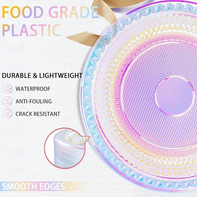 WELLIFE Iridescent Plastic Plates 9 Inch, 150 Count Disposable Plastic Dessert Plates for Disco Party Decorations Wedding Baby Shower Birthday Easter Valentine's Day Party
