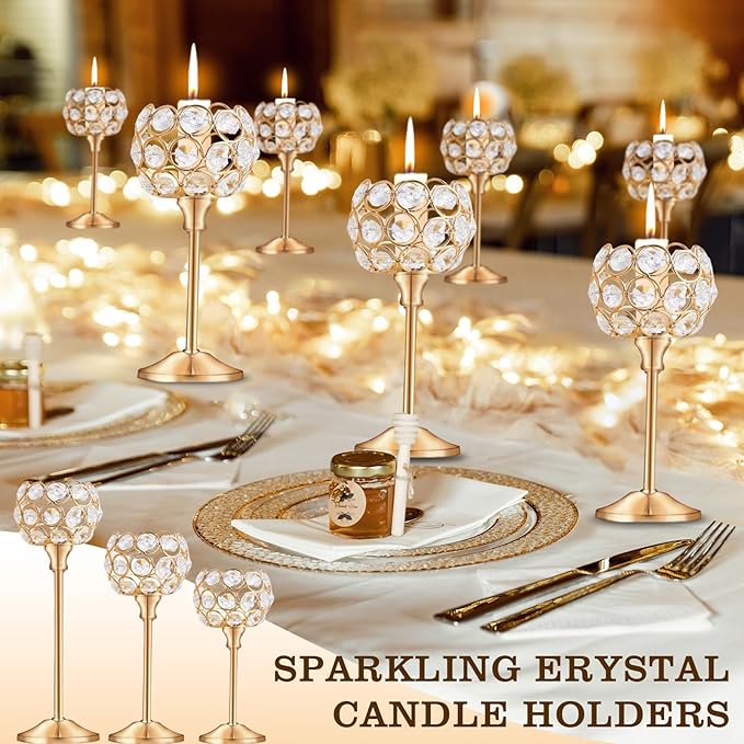 Crystal Candle Holders 2 Set of 6 - Gold Vintage Hollow Ball Candle Stand for Table Centerpiece, Crystal Metal Tealight Candlestick for Wedding, Dining Room Decor