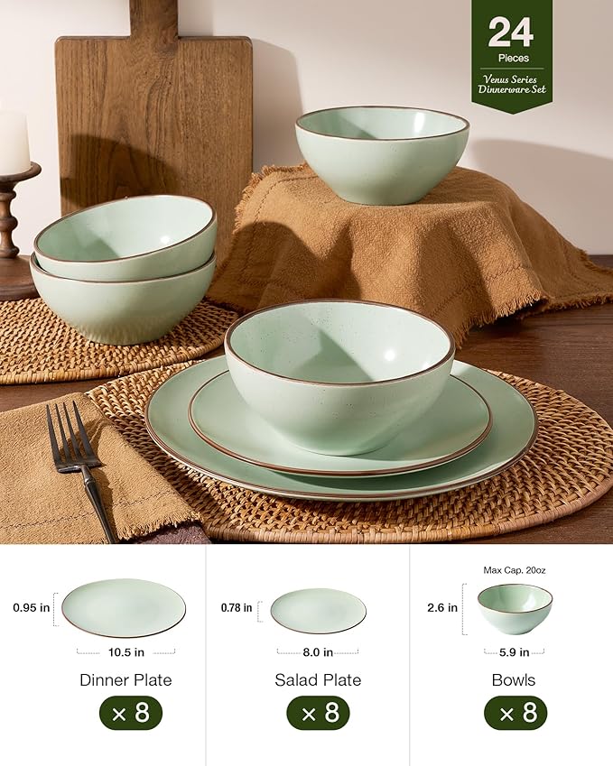 Famiware Venus Ceramic Plates and Bowls Sets, Speckled Dinnerware Dish Sets for 8 (24 Pieces) - Microwave and Dishwasher Safe, Matte Light Green