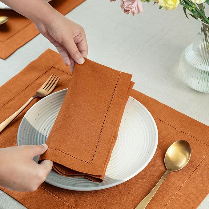 D'Moksha Homes Rust Linen Napkins Set of 4 - Classic Hemstitch 100% Pure Linen Hemstitch Dinner Napkins 20 x 20 Inch for Spring, Easter - Handcrafted and Machine Washable