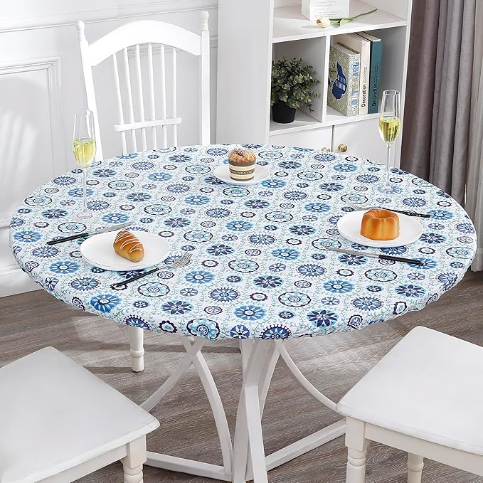 Walrus Round Vinyl Fitted Tablecloth with Flannel Backing Elastic Edge Design Table Cover Waterproof Oil-Proof PVC Table Cloth Stain-Resistant Best for 45"-56" Round