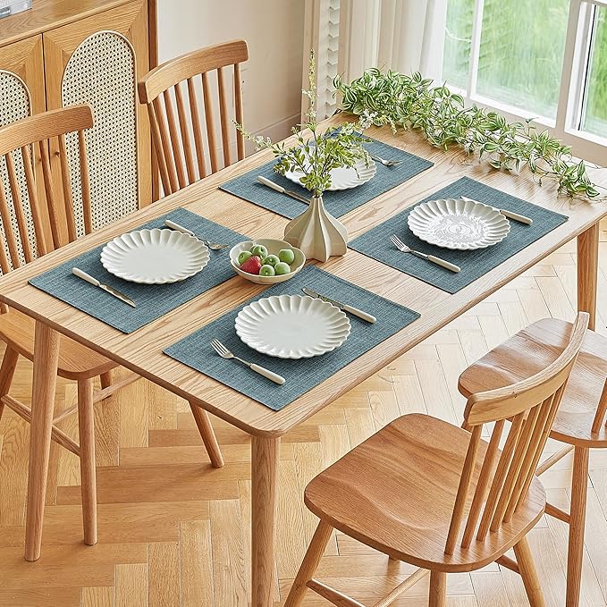 Softalker Faux Linen Placemats Set of 8-12 x 18 Inch, Heat Resistant Double Layered Durable Burlap Farmhouse Place Mats, Non-Slip Washable Rustic Table Mats for Dining, Kitchen, Party（Light Blue