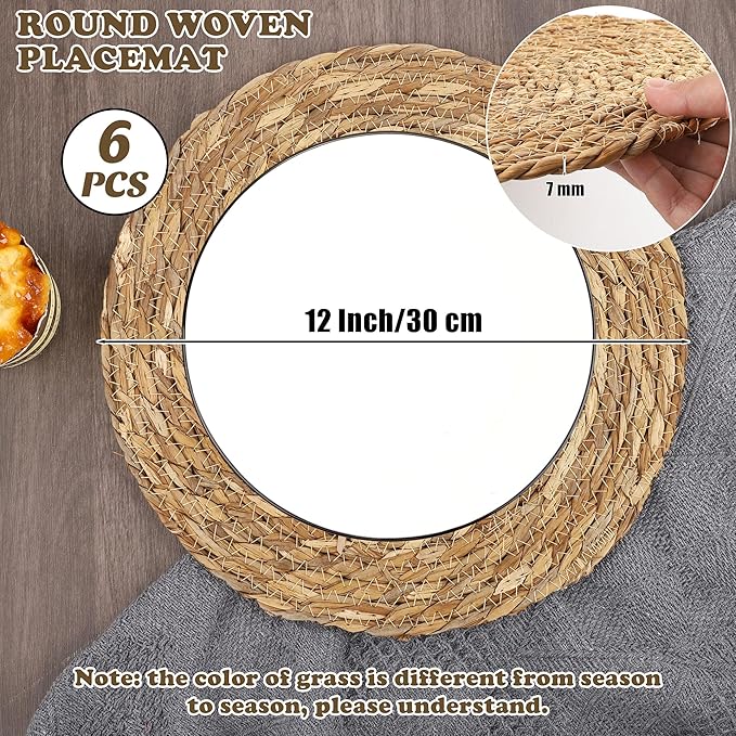 Kochorie Set of 6 Round Woven Placemats - 12 Inch Natural Boho Rattan Wicker Table Mats for Home Dining Table