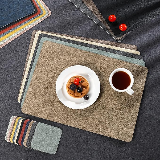 Myir JUN Placemats Dual Sided, Faux Leather Place Mats Set of 6 Indoor Placemats for Dining Table Outdoor Placemats Manteles Individuales Square Non-Slip Washable Table Mats (Gray Pink, Set of 6)