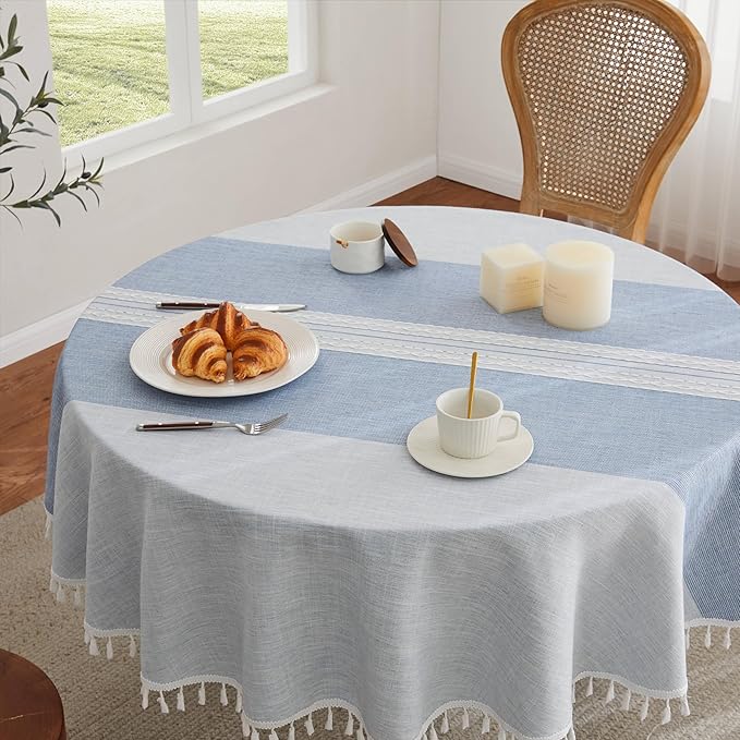 ZeeMart Contrast Linen Round Tablecloth 60 Inch Mid-Stripe Blue, Farmhouse Style Round Table Cloth Heavy Weight Dusty Blue Tablecloths, Water Resistant Burlap Table Cloths