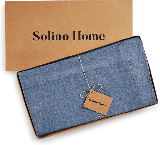 Solino Home Linen Tablecloth 60 x 90 Inch - 100% Pure Linen Blue Denim Table Cloth for Rectangular Tables - Athena, Machine Washable Cloth Tablecloth for Spring, Easter