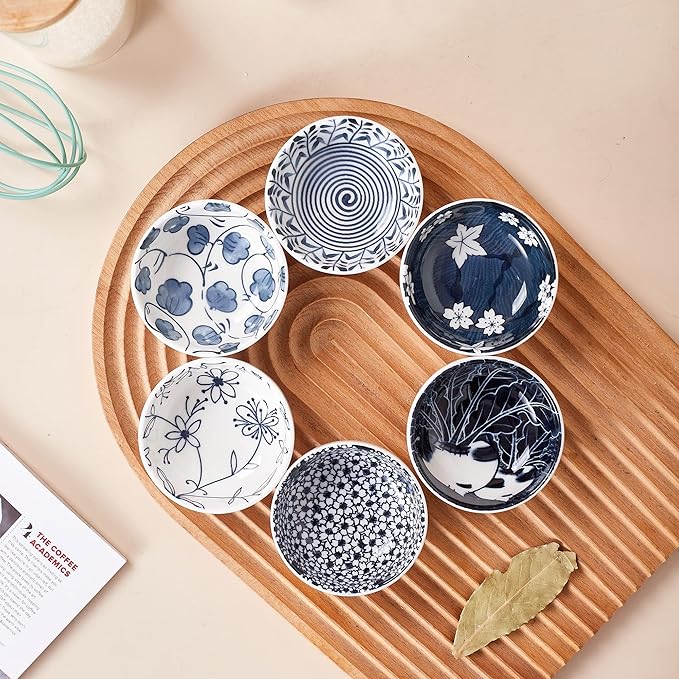Japanese Style Ceramic Dipping Bowls,3'' Small Pinch Bowls Set Side Sauce Cups,Dishes for Sushi,Snack and Soy,BBQ,2.5 Oz Blue and White Mini Bowl for Kitchen Prep - Set of 6 (3 inch)