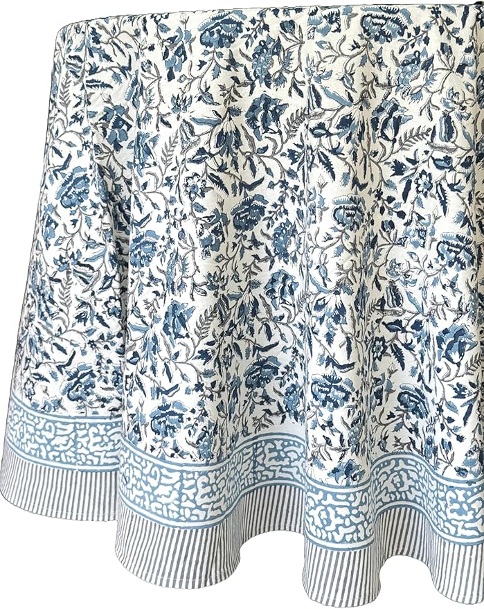 ATOSII Jodhpur Blue 100% Cotton Round Tablecloth, Handblock Print Floral Table Cloth for Kitchen Dining Linen I Parties, Weddings, Outdoors, Christmas I Fall Home Decor 60" Inches Round