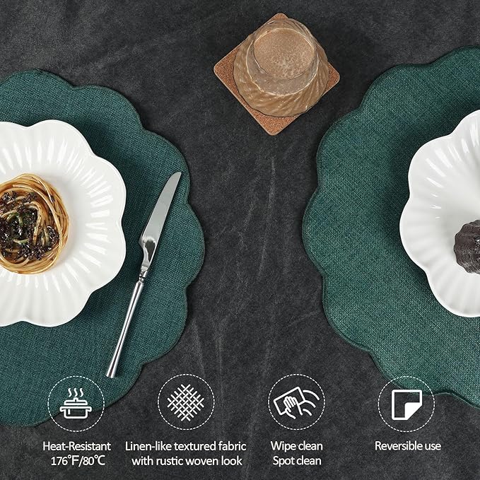 AHHFSMEI Round Faux Linen Placemats Set of 6 Waterproof Table Mats Heat Resistant Non-Slip and Stain Proof for Kitchen Dining Elegant Decor (Forest Green,6)