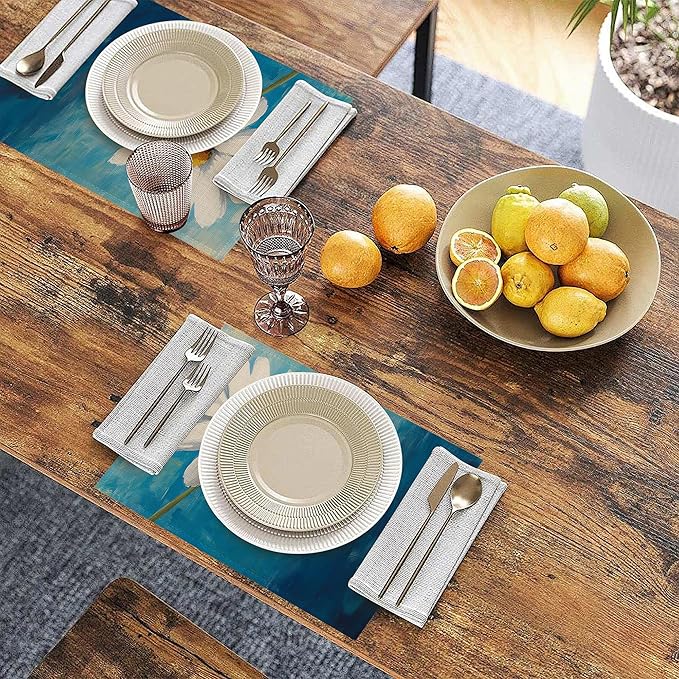 Table Placemats Set of 6, Waterproof Linen Fabric, Non-Slip Backing & Easy Clean, Elegant Dining Table Protectors for Family and Guests(Vintage Daisy Flower)