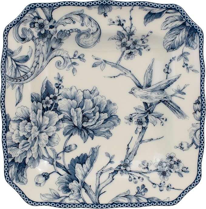222 Fifth Adelaide 16-Piece Square Floral Dinnerware Set – Service for 4, Blue & White Porcelain Plates & Bowls, for Everyday Dining & Entertainment, Microwave & Dishwasher Safe, Chip Resistant