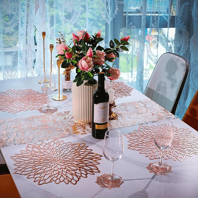 Snowkingdom 12 Pack Rose Gold Placemats Metallic Pressed Vinyl for Mother's Day Table Decoration Dinning Mats Bulk Round Floral Charger for Wedding Valentine's Day Christmas Holiday