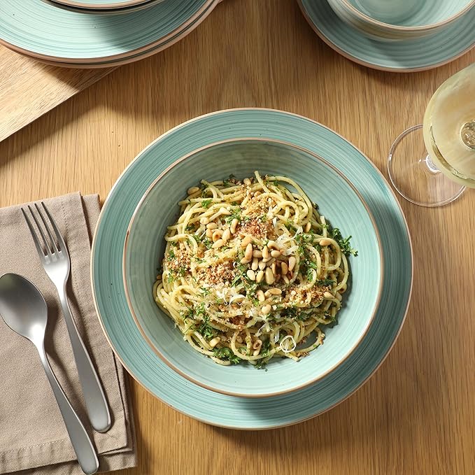 Gibson Home Stonebury 16 Piece Plates and Bowls Teal Dishes - Handpainted Stoneware Dinnerware Set - Service for 4