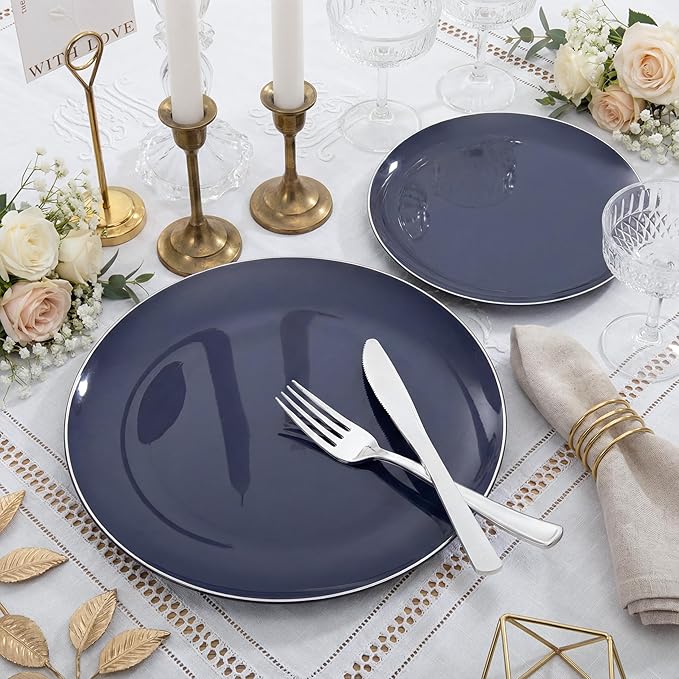 KIRE 200PCS Blue Plastic Plates with Silver Rim - Navy Blue Plastic Plates Include 100 Dinner & Dessert Plate - Heavy Duty Dark Blue Disposable Plate for Hanukkah/Parties/Wedding