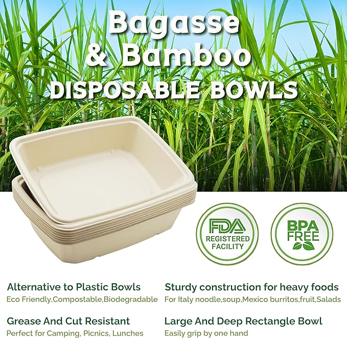Homestockplus 30 oz Rectangle Paper Bowls 50 Pack Compostable Disposable Bowls for Party, Heavy Duty Large Disposable Serving Bowls for Tacos, Salads, Burrito, Pasta, Snacks, and Baked Potatos