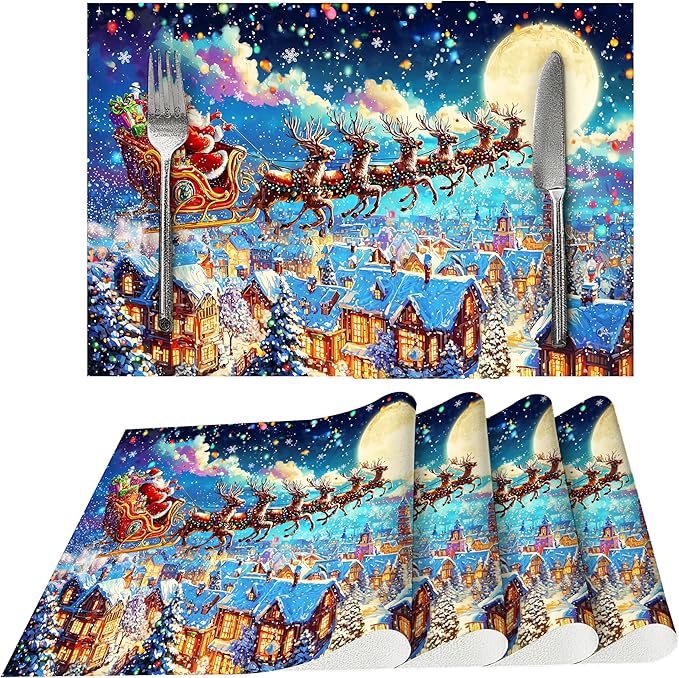 Santa Snowy Sleighride Placemats Set of 4 Washable Table Place Mats for Dining Kitchen Party Decor