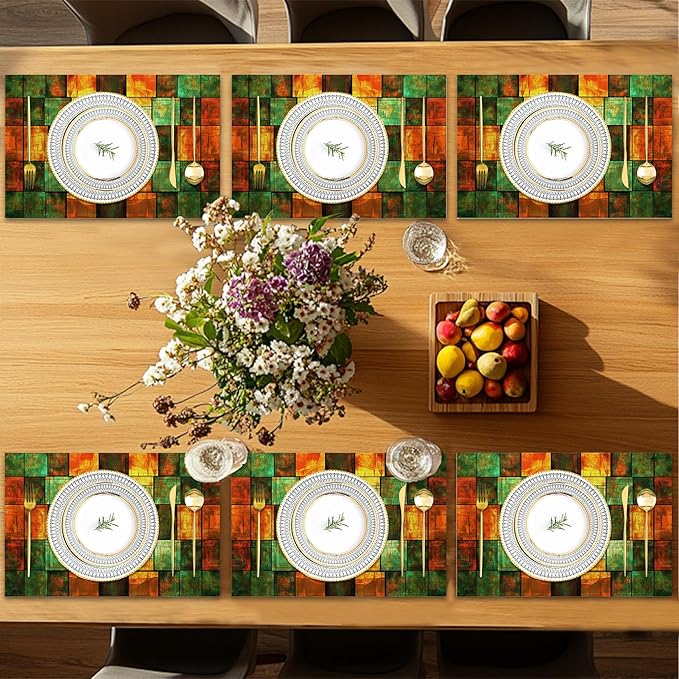 Texture Tiles Placemats Set of 6,Stained Glass Waterproof Non-Slip Washable Table Mats for Kitchen Dining Holiday Party Wedding Decor 12x18 Inch