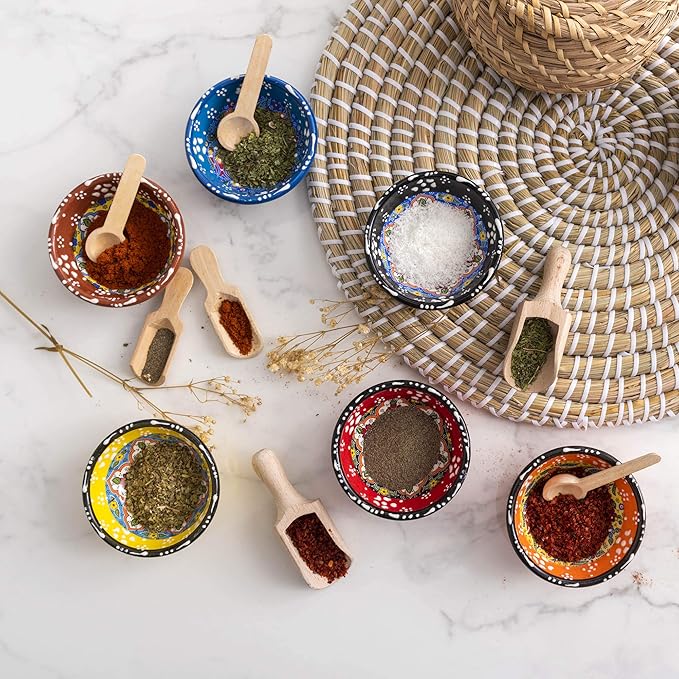 Turkish Ceramic Pinch Bowls Set of 6 – Small Dipping Bowls for Charcuterie Boards, Appetizers, Snacks & Sauces -Handcrafted Turkish Bowl for Serving, Decor & Gifts (3.2”)