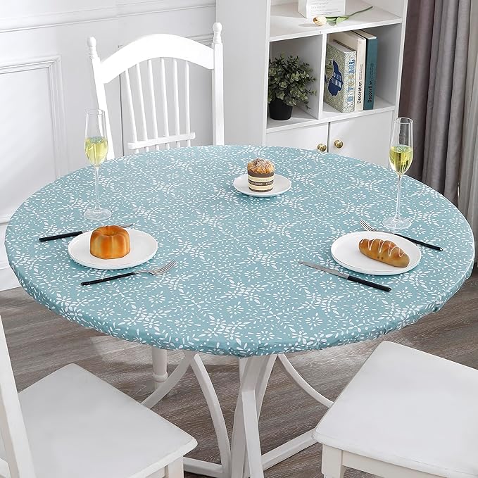 Walrus Round Vinyl Fitted Tablecloth with Flannel Backing Elastic Edge Design Table Cover Waterproof Oil-Proof PVC Table Cloth Stain-Resistant Best for 57"-66" Round