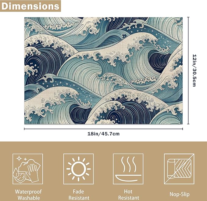 Table Placemats Set of 6, Waterproof Linen Fabric, Non-Slip Backing & Easy Clean, Elegant Dining Table Protectors for Family and Guests(Japanese Waves)
