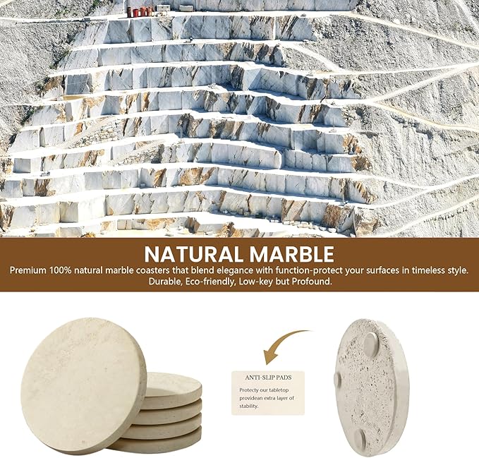 Natural Marble Coasters, Round Costers, Luxury Aesthetic Modern Decor for Coffee Table Bar Kitchen Home, Travertine Marble, Real Natural Semi Absorbent Stone Coasters