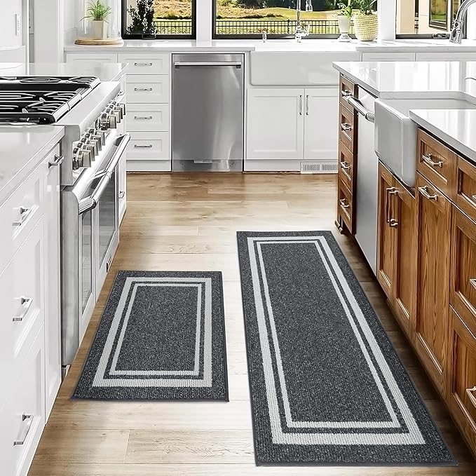 COSY HOMEER Kitchen Rugs Non-Slip 20x30/20x48 Inch Thick Polypropylene Standing Mat for Home Machine Washable, Black Frame