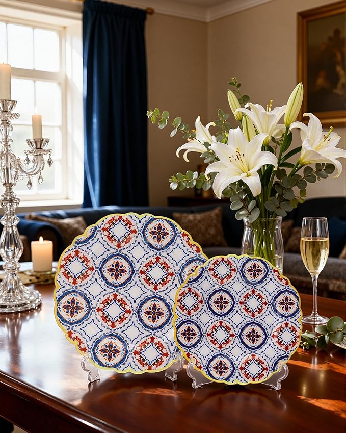 Morejoy 60pcs Plastic Disposable Plates Set - White Plastic Plates Featuring Classic Blue & Red Kaleidoscope Patterns With Gradient Gold Trim.10.25 Dinner Plates & 7.5 Dessert Plates for Wedding,Party