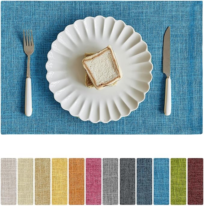 Softalker Faux Linen Placemats Set of 8-12 x 18 Inch, Heat Resistant Double Layered Durable Burlap Farmhouse Place Mats, Non-Slip Washable Rustic Table Mats for Dining, Kitchen, Party（Sky Blue