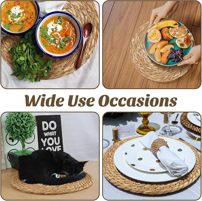 Kochorie Set of 12 Round Woven Placemats 12 Inches Bulrush Placemats Natural Hand-Woven Boho Rattan Placemats Wicker Table Mats Farmhouse Weave Place Mats for Home Dining Table
