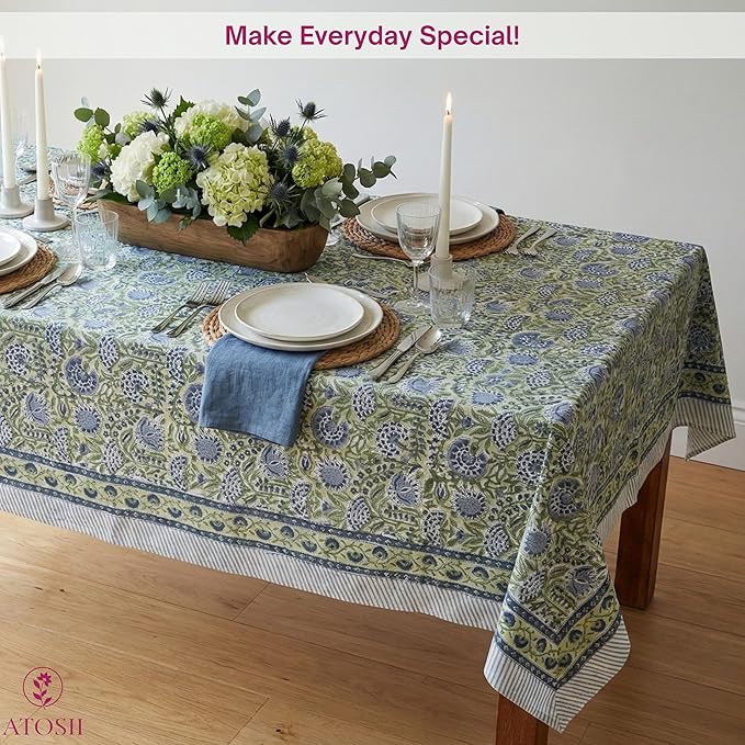 ATOSII Amara 100% Cotton Fall Tablecloth, Handblock Floral Print Rectangle Linen for Kitchen Dining I Parties Wedding Christmas Outdoors Easter I Spring Summer 72 X 140 Inches I 12 Seater