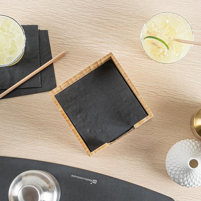 5.5 x 4 Inch Cocktail Napkin Holder, 1 Square Flat Napkin Holder - For Bars, Kitchen Tables, or Countertops, Sturdy, Natural Bamboo Tissue Napkin Holder, Dining Room Decor - Restaurantware