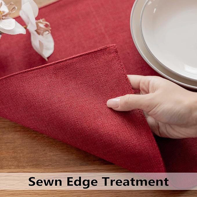 Demetex Valentines Placemats Set of 6 Red Linen Wipeable Place Mats Heat Resistant Cloth Placemats for Dining Table Restaurants Holiday, 13 x 19 inches, Wine Red