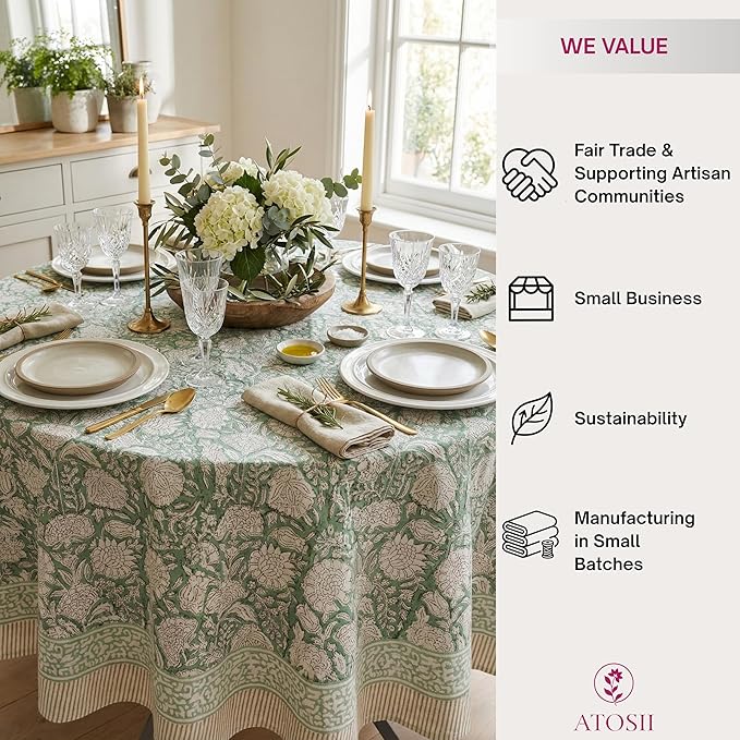 ATOSII Jade 100% Cotton Boho Round Tablecloth, Block Print Floral Table Cloth Linen for Dining, Parties, Weddings, Outdoors I Table Decor 90" Inches I