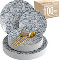 Trendables Fancy Plastic Dinnerware Sets 100 Pc 20 Guests Gold Silverware Disposable 20 X 10 Inch Charger Plates 20 X 8 Inch Dessert Plates 20 x Gold Plastic Forks and Spoons Knives In Garden Damask