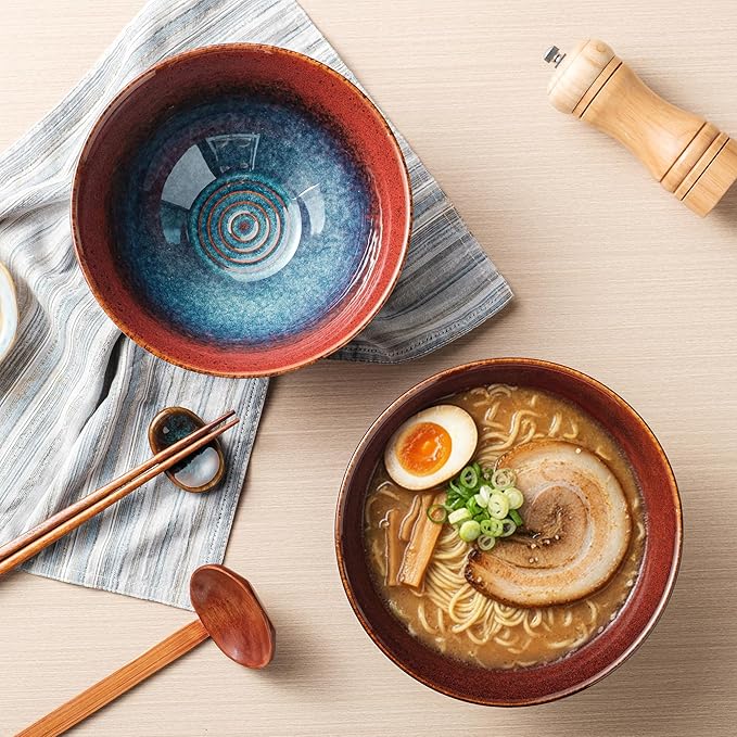 8 Inch Ceramic Ramen Bowl Set of 2, 40oz Japanese Bowls with Spoons & Chopsticks,Durable,Microwave & Dishwasher Safe,Perfect for Ramen,Pho,Salad,Soup,Noodles，Mixing bowls (Aurora Galaxy)