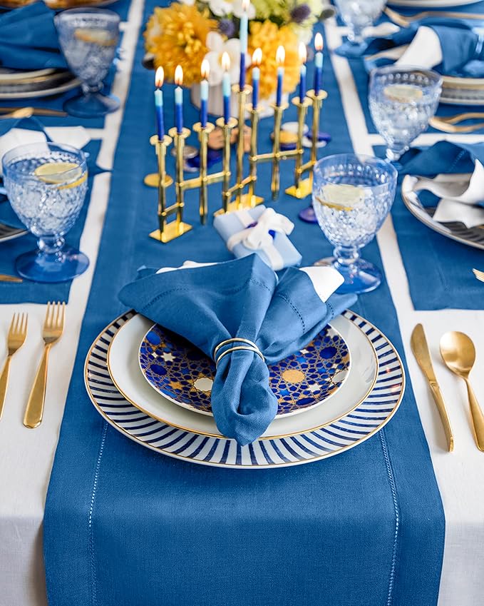 Solino Home Linen Table Runner 48 Inches - 100% Pure Linen Indigo Blue Hemstitch Table Runner 14 x 48 Inch Ideal for Dresser and Coffee Tables - Spring, Easter - Classic Hemstitch