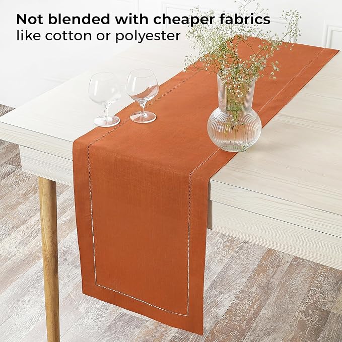 D'Moksha Homes Linen Rust Table Runner 72 Inches Long - 100% Pure Linen Hemstitch Table Runner 14 x 72 Inch for Dresser, Dining and Spring, Easter - Classic Hemstitch