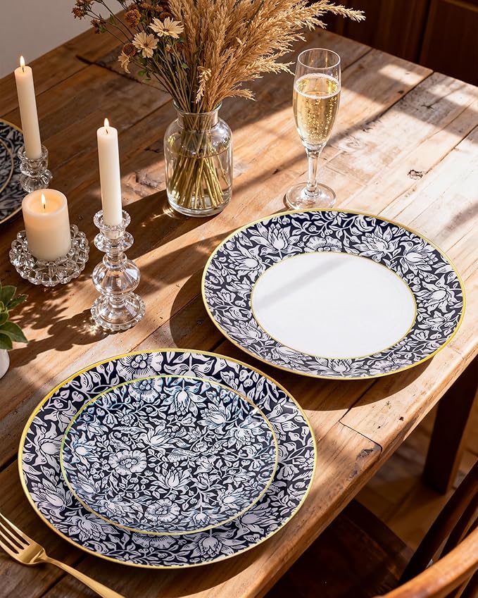 Hioasis 60pcs Plastic Disposable Plates Set - Blue & White Floral Pattern with Gold Rim, 10.25 Dinner & 7.5 Dessert Plates for Wedding,Anniversary,Party and Holiday