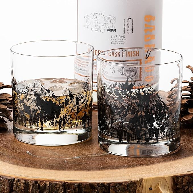 Black Lantern Mountain Rock Glasses – Hand-Printed 11oz Tumblers with Durable Forest Design – Set of 2 Heavy-Base Old Fashioned Glasses for Bourbon, Scotch, and Cocktails