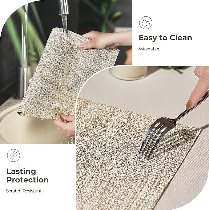 Leetaltree Luxury Beige and Gold Woven Placemats Set of 6 - Waterproof Washable Textured Table Mats for Wedding, Anniversary, Daily Use - Sparkling Metallic Thread Table Decor - Hand-Cut