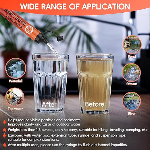 Emergency Water Filter Straw, Personal Survival Water Filtration System, Water Purifier, Outdoor Survival Gear and Equipment for Hiking Camping Accessories Cycling Fishing Preparedness