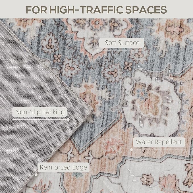 HOMCOM Washable Area Rug, 8'x10' Vintage Indoor Distressed Carpet, Retro Floor Cover Foldable, Floral Print Mat for Living Room, Bedroom, Dining Room, Brown and Light Blue