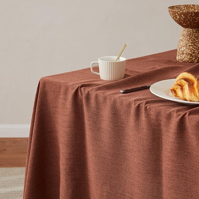 Linen Tablecloth with Tassels, Farmhouse Style Terracota Tablecloth, Water Resistant Burlap Tablecloths for Round Table, 52 Inch Round Terracota