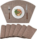 Round Table Placemats Set of 6, Faux Leather Wedge Shape Place Mats Heat Resistant Wipeable Washable Table Mats for Dining Outdoor Indoor, Brown