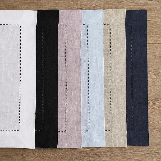 Solino Home Linen Placemats Set of 4 - Classic Hemstitch Black Placemats 14 x 19 Inch - 100% Pure Linen Table Mats for Winter, Spring, Easter