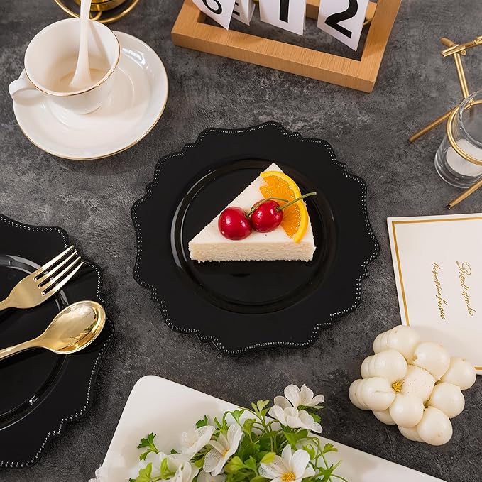 COLOSUS 60pcs Black Plastic Dessert Plates - 7.5 Inch- Heavy Duty Disposable Plastic Appetizer/Salad/Cake Plates for Party Wedding Birthday and Everyday Use