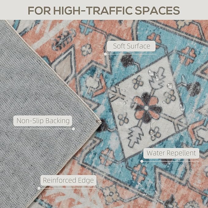 HOMCOM Washable Area Rug, 5'x7' Vintage Indoor Distressed Carpet, Retro Floor Cover Foldable, Floral Print Mat for Living Room, Bedroom, Dining Room, Brown and Blue
