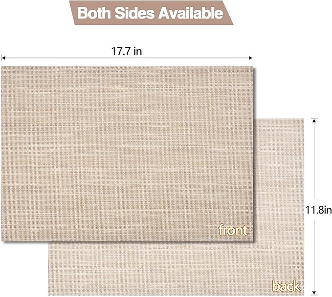 SLKQG Placemats Set of 8 - Easy Clean Washable Vinyl Placemats - Wipeable Heat Resistant Table Mats for Dining Table - 17.7x11.8 Inch (8, Beige)