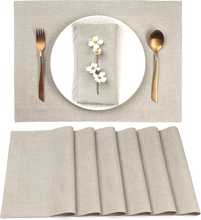 D'Moksha Homes Linen Natural Placemats Set of 6-100% Pure Linen Placemats 14 x 19 Inch for Valentines, Spring, Easter - Handcrafted and Machine Washable