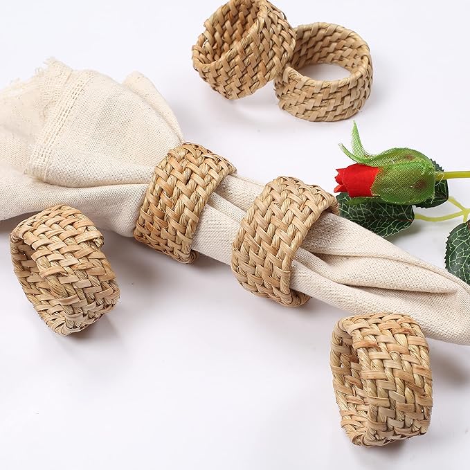 Napkin Rings Set of 12 - Handwoven Rustic Rattan Napkin Holders Table Decor for Dinners, Weddings, Holidays, Parties & Everyday Use - Natural Tan - Serviette Rings (Brown) - ALPHA Living HOME